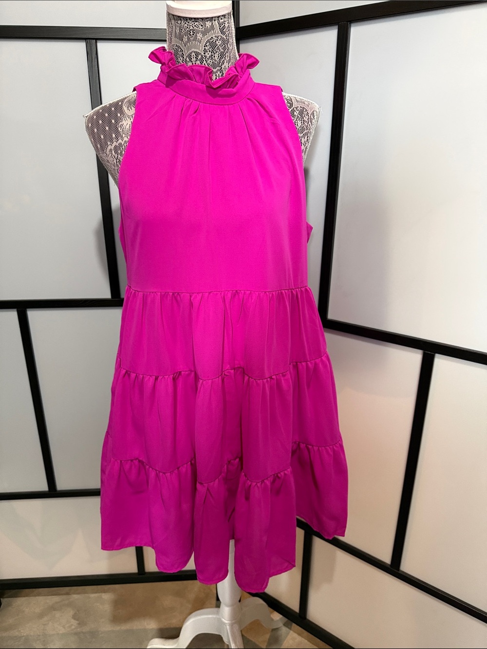 TCEC Hot Pink Tiered Ruffle Halter Dress